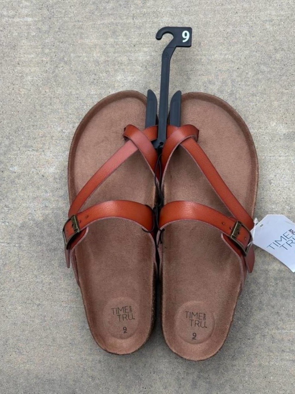 Women’s Time & Tru Cognac Asymmetric strap footbed Size 9
